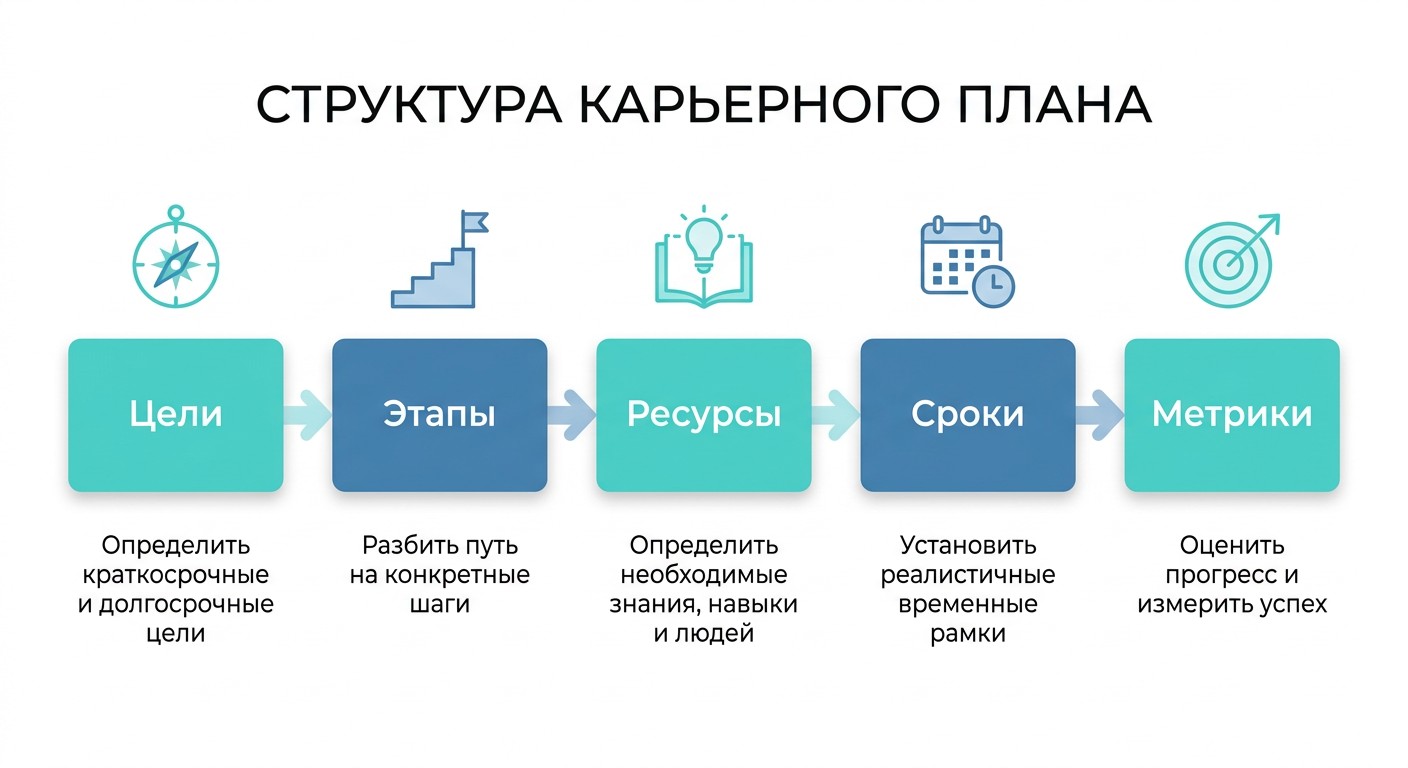 Блок-схема компонентов карьерного плана: цели, этапы, ресурсы, сроки, метрики
