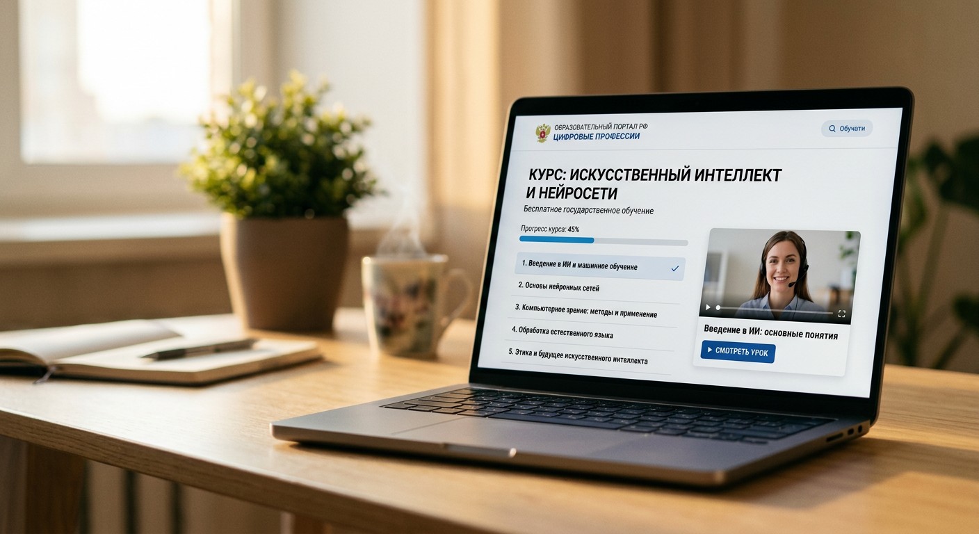 Государственный бесплатный курс по нейросетям — интерфейс онлайн-платформы на ноутбуке