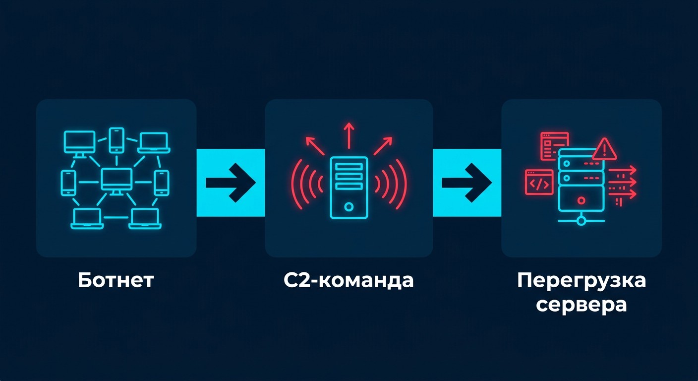 Инфографика механики DDoS-атаки: ботнет — команда C2 — перегрузка сервера