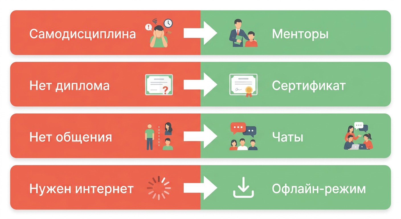Инфографика четырёх минусов онлайн-курсов и способов их решения