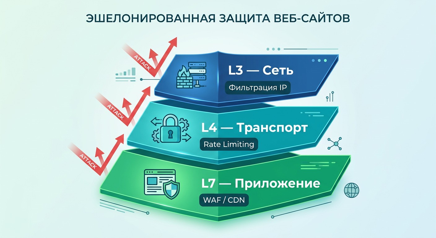Инфографика многоуровневой защиты сайта от атак по уровням L3 L4 L7