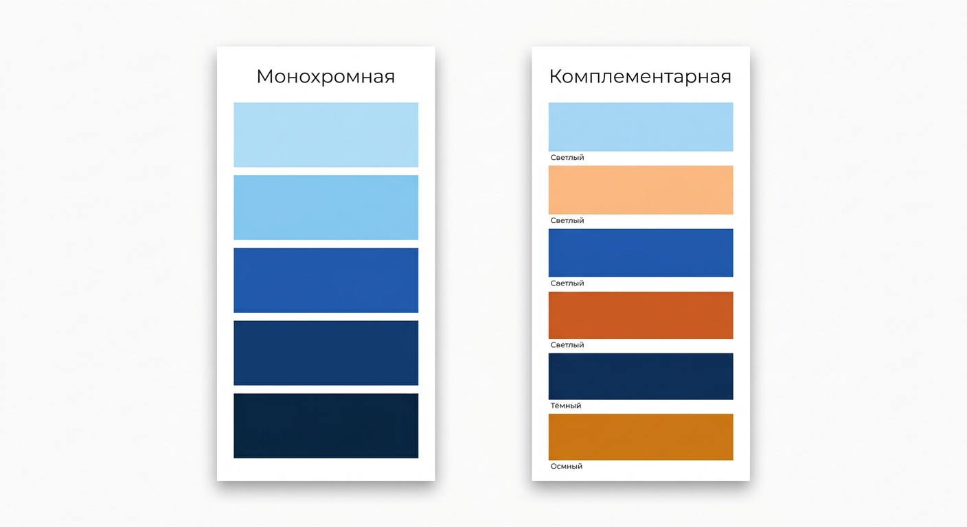 Монохромная и комплементарная цветовые палитры рядом в дизайне