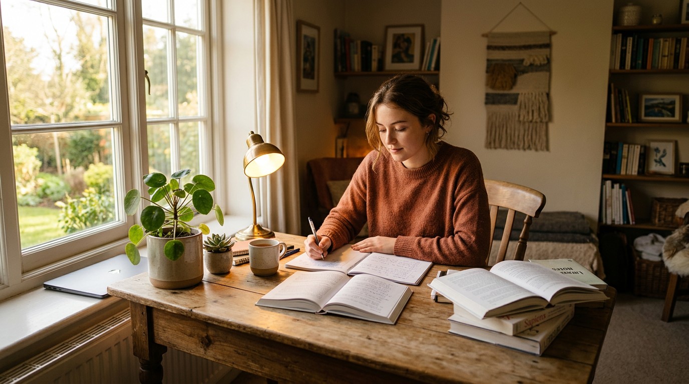 Девушка за уютным рабочим столом с книгами — мотивация на учёбу