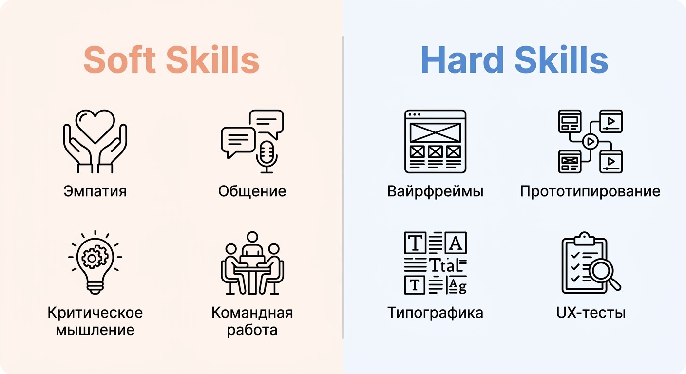 Иконки навыков UX-дизайнера: soft skills и hard skills по категориям