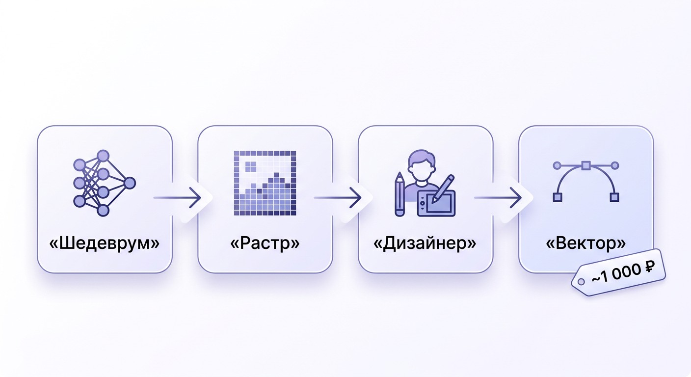 Схема: Шедеврум генерирует растр, дизайнер переводит в вектор за ~1000 рублей