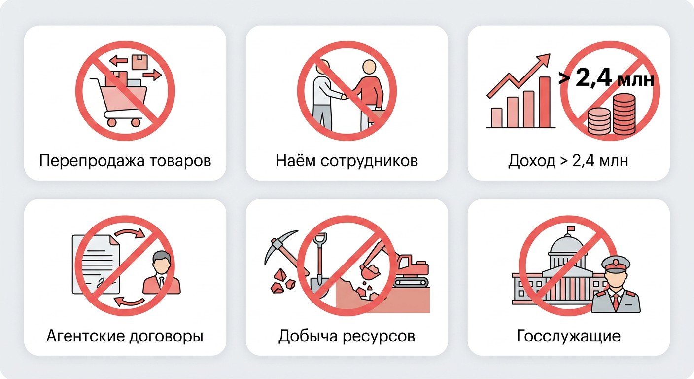 Ограничения самозанятого НПД — запрещённые виды деятельности в России