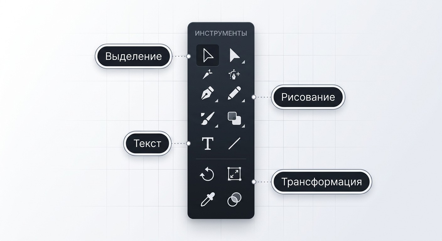 Панель инструментов Adobe Illustrator с обозначением основных групп инструментов