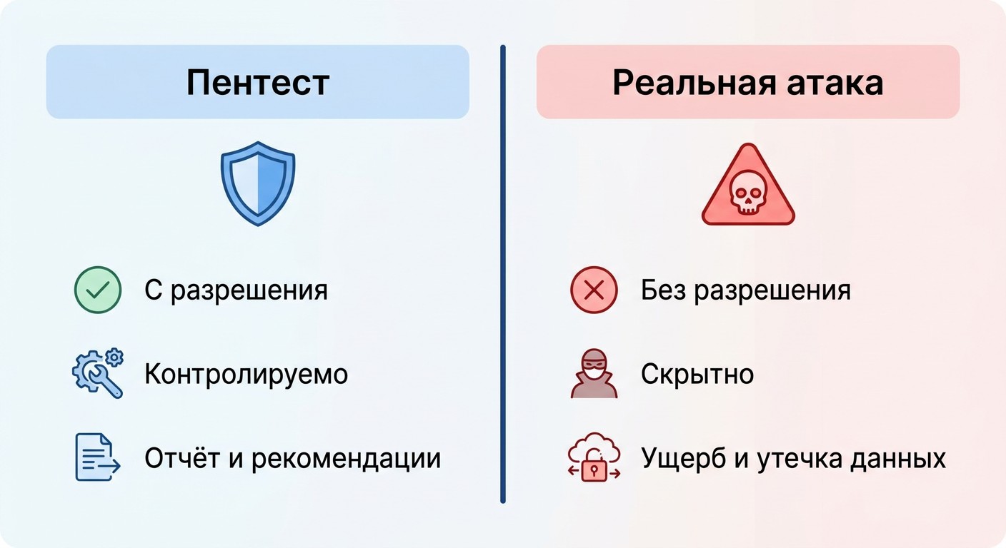 Сравнение пентеста и реальной кибератаки — два сценария схема