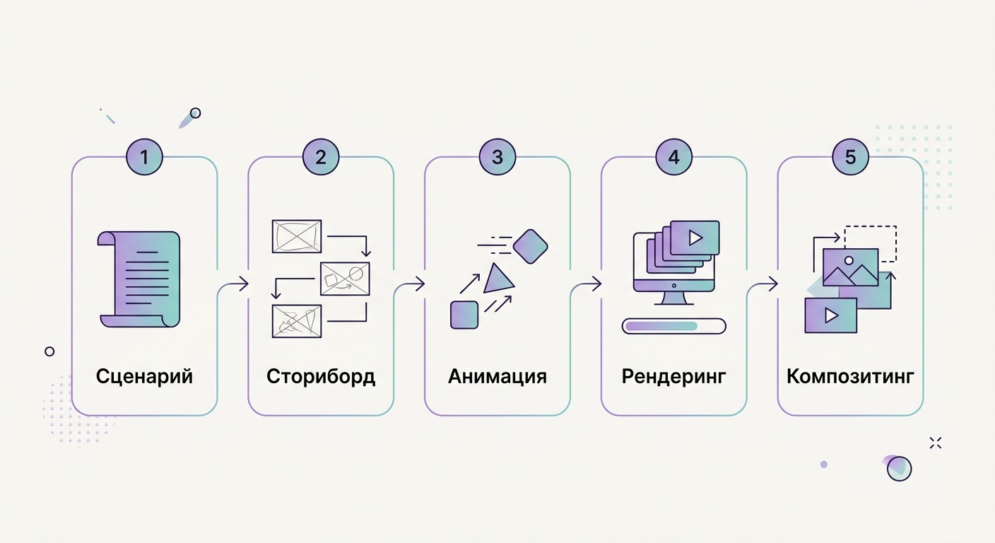 Инфографика этапов работы моушн-дизайнера от сценария до композитинга