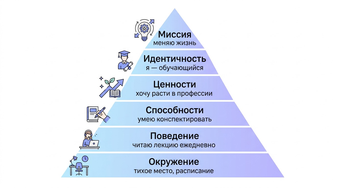 Пирамида Дилтса — 6 уровней самоорганизации с примерами для учёбы