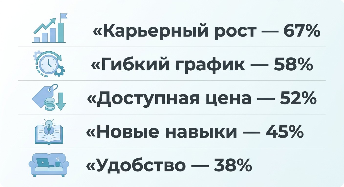 Инфографика: 5 мотивов онлайн-обучения для взрослых с процентами