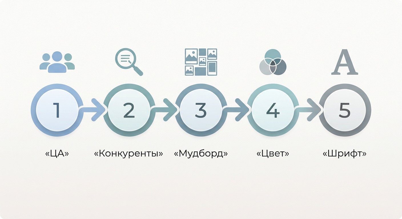 Инфографика «5 шагов до старта»: ЦА, конкуренты, мудборд, цвет, шрифт
