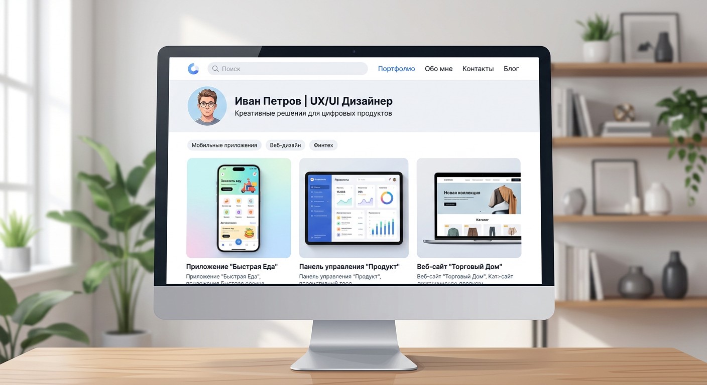 Профиль дизайнера на Dprofile с мокапами и тегами