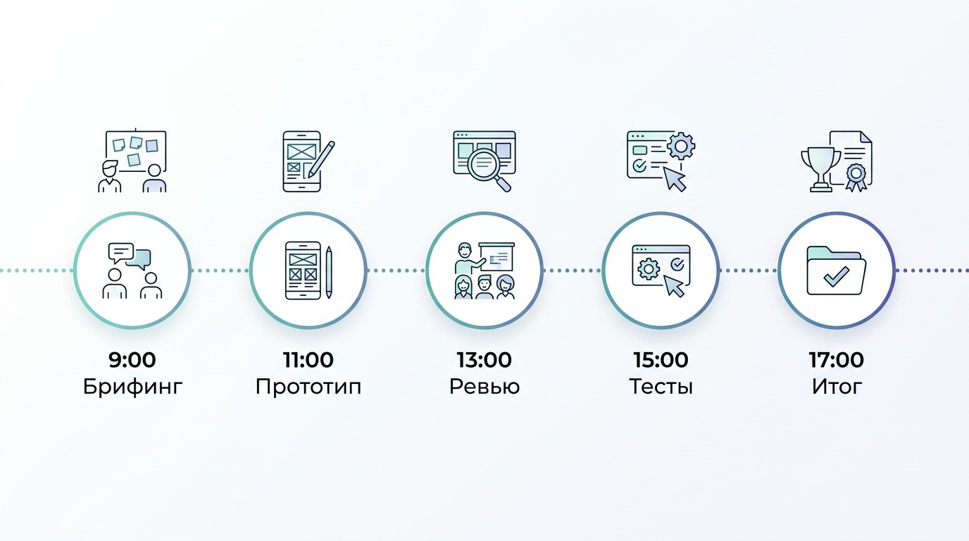 Таймлайн рабочего дня UX-дизайнера: брифинг, прототип, тесты, итог