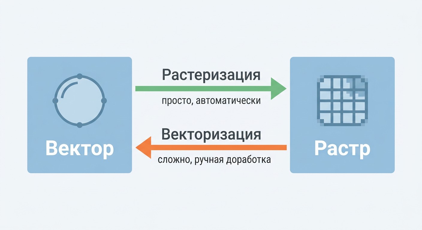 Схема растеризации и векторизации: двунаправленная стрелка с описанием сложности процессов