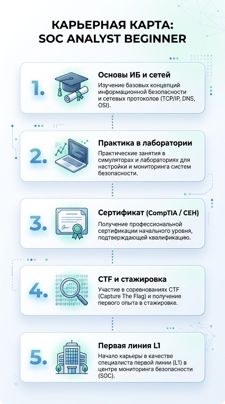 Роадмап SOC-аналитика с нуля: пять шагов до первой линии