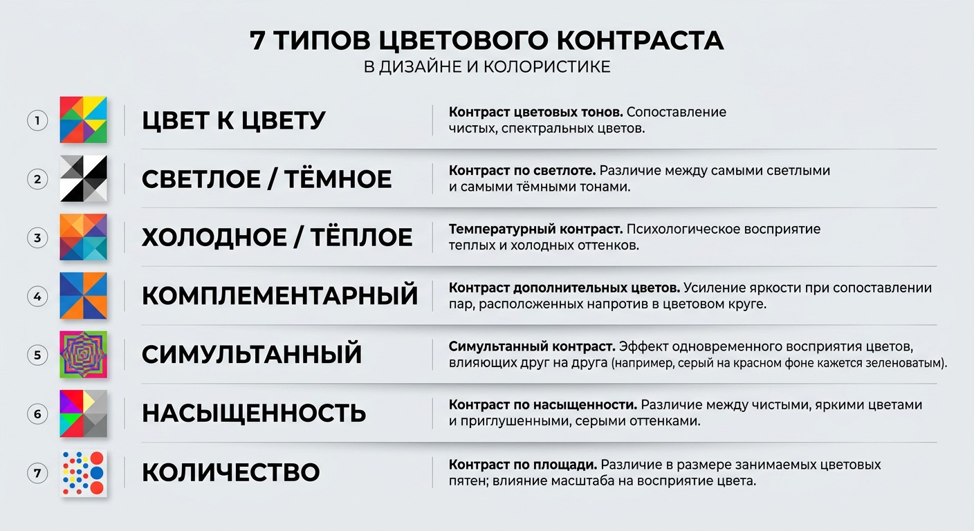 Семь типов контраста по Иттену — инфографика для дизайнеров