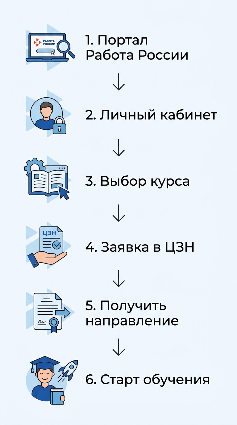 Шаги записи на бесплатное обучение через портал Работа России