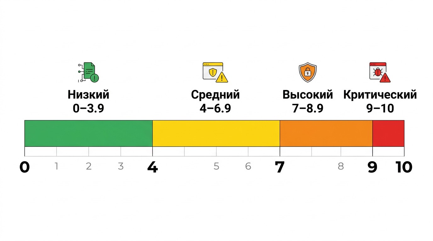 Шкала CVSS от 0 до 10 — цветовые зоны критичности уязвимостей