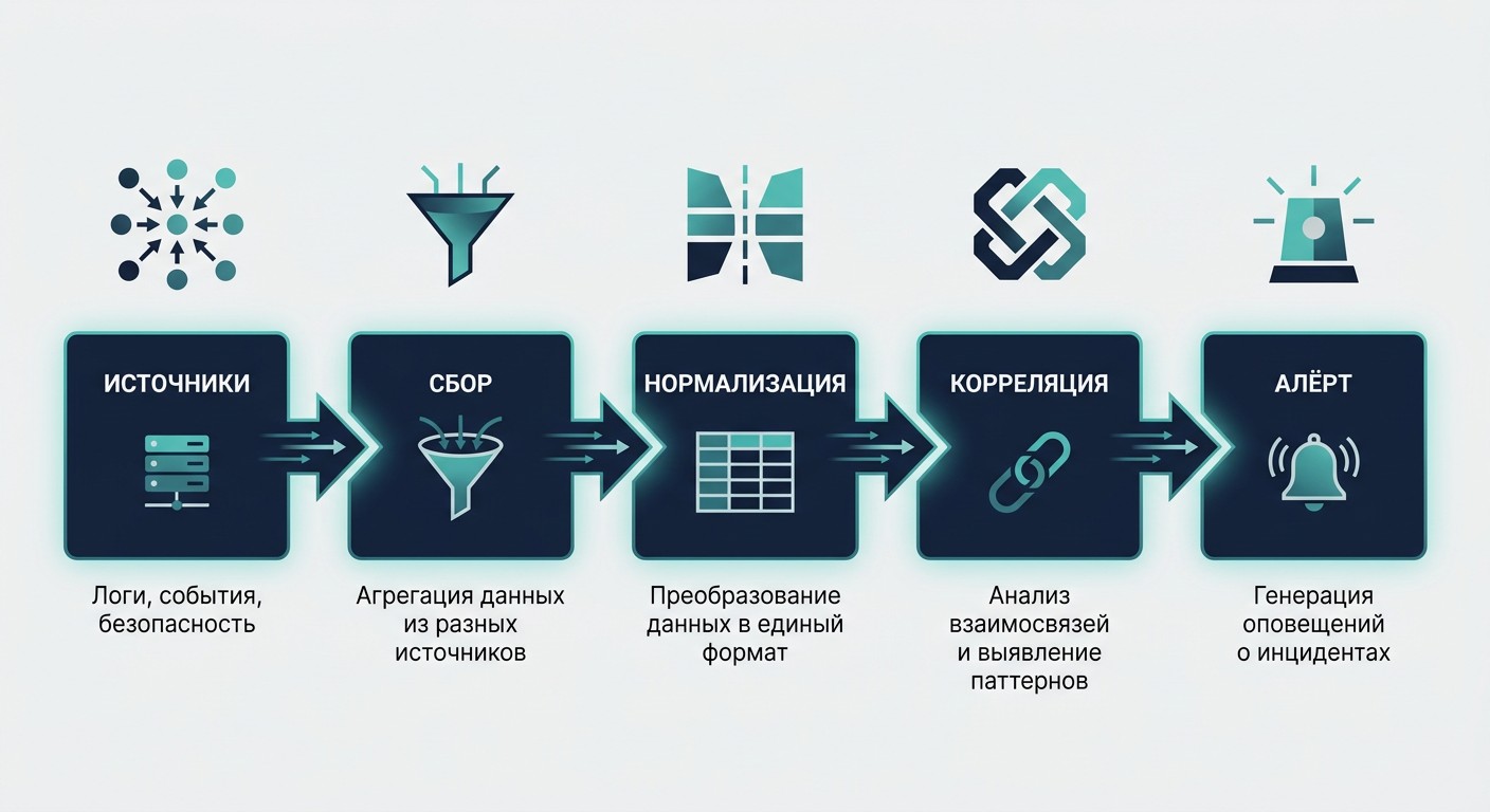 Архитектура SIEM-системы — схема пяти компонентов с потоком данных