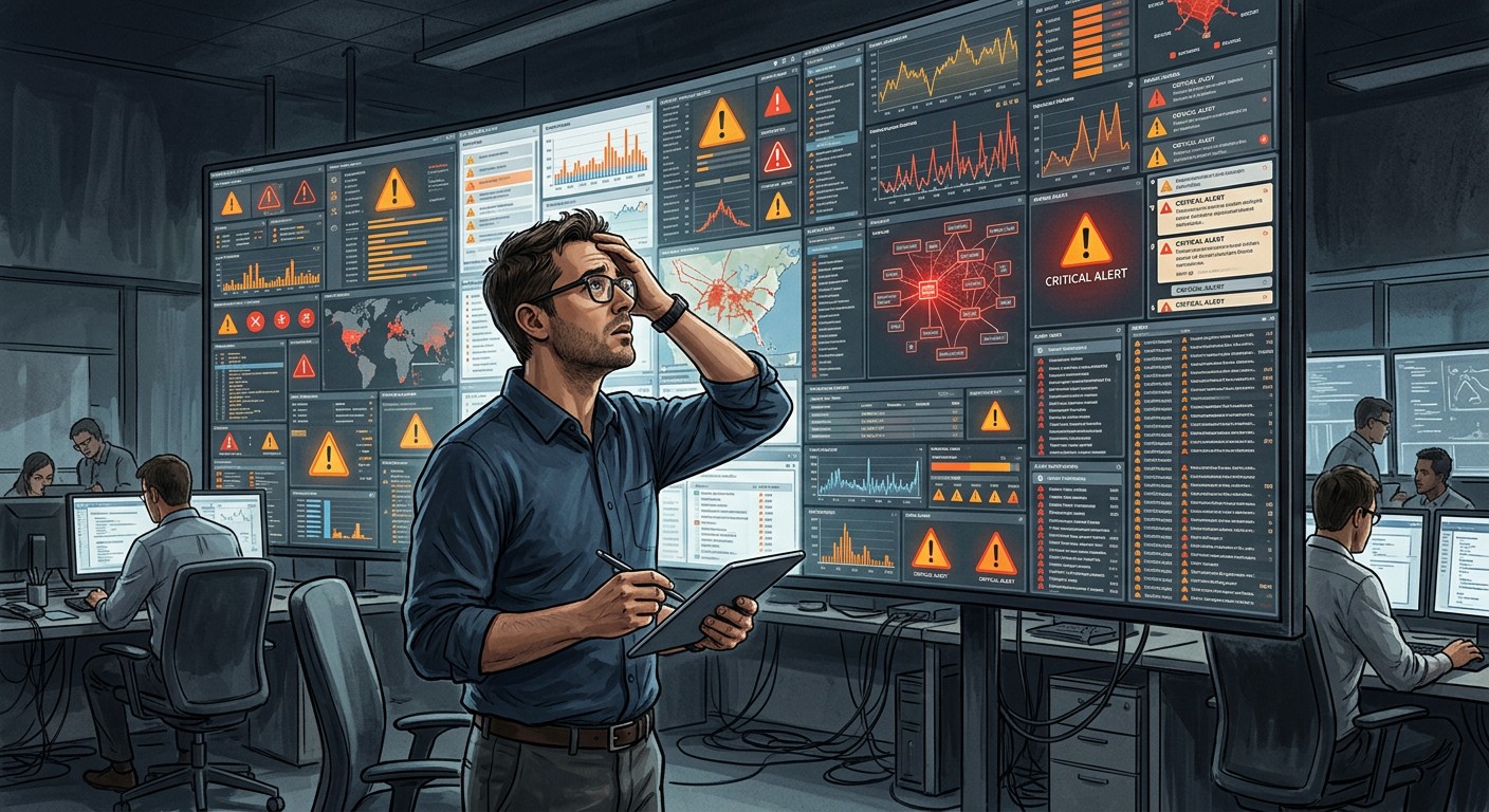 Ограничения SIEM-систем — аналитик перед экраном с перегруженными предупреждениями