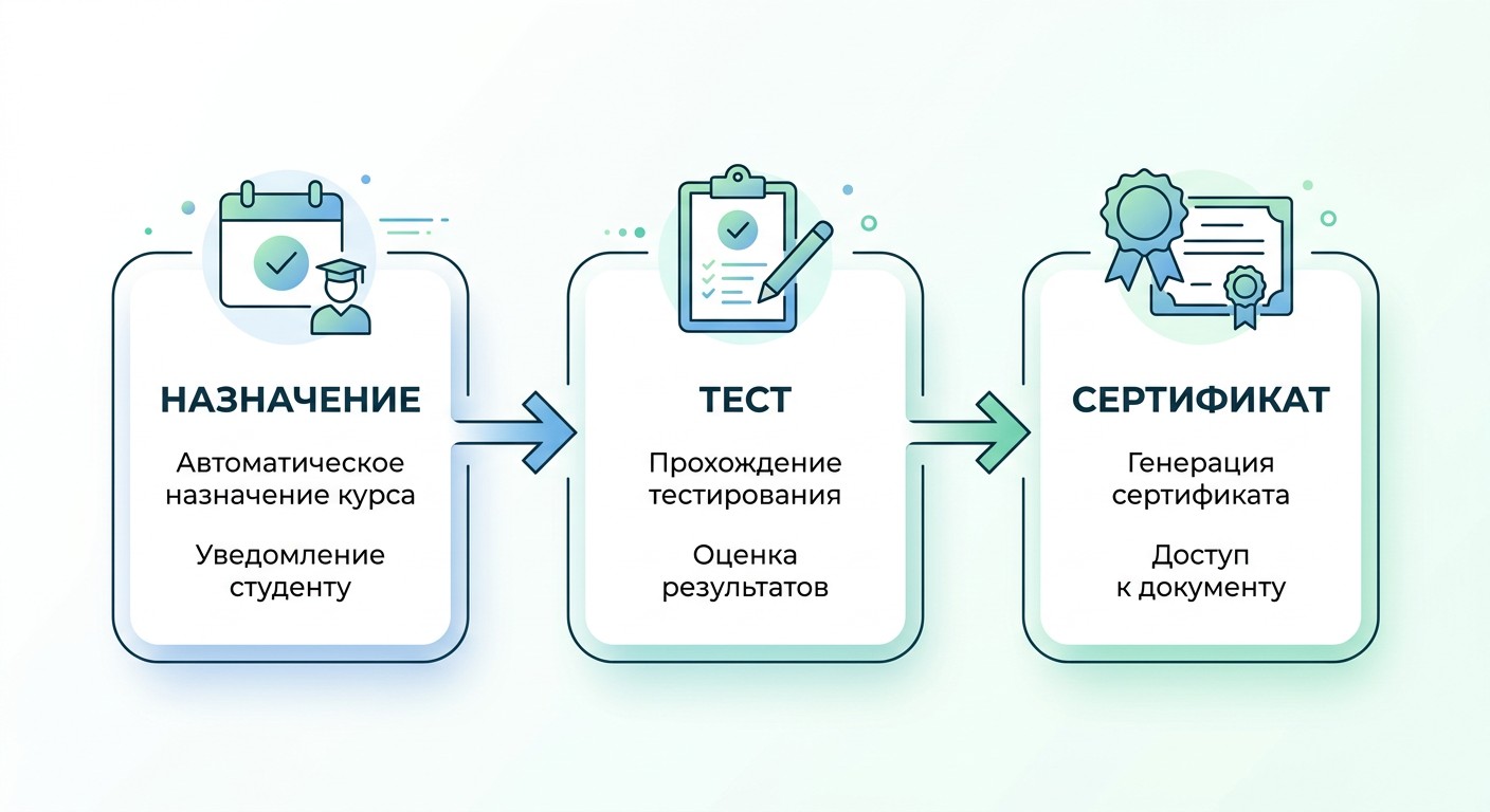 Схема автоматизации СДО: назначение курса, тест, сертификат