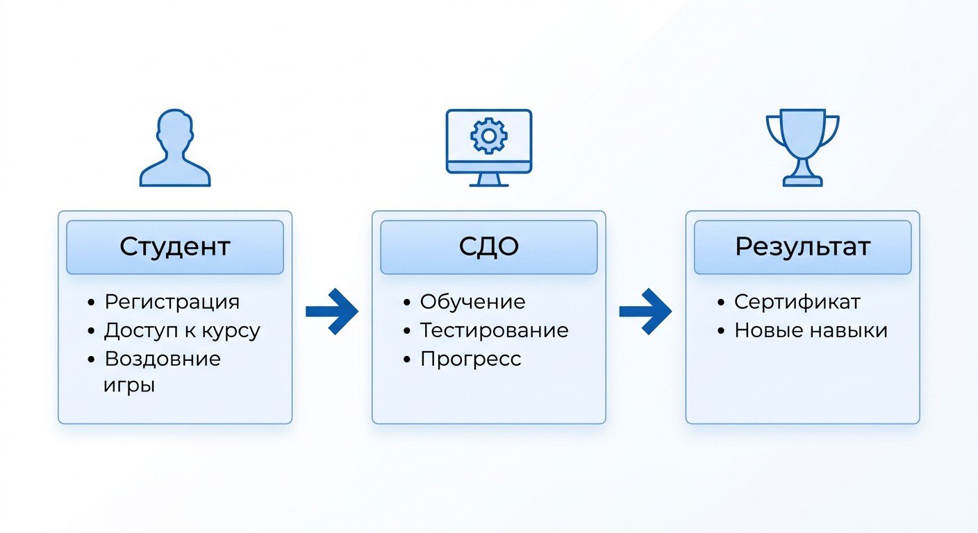 Схема работы СДО: студент, система обучения, результат