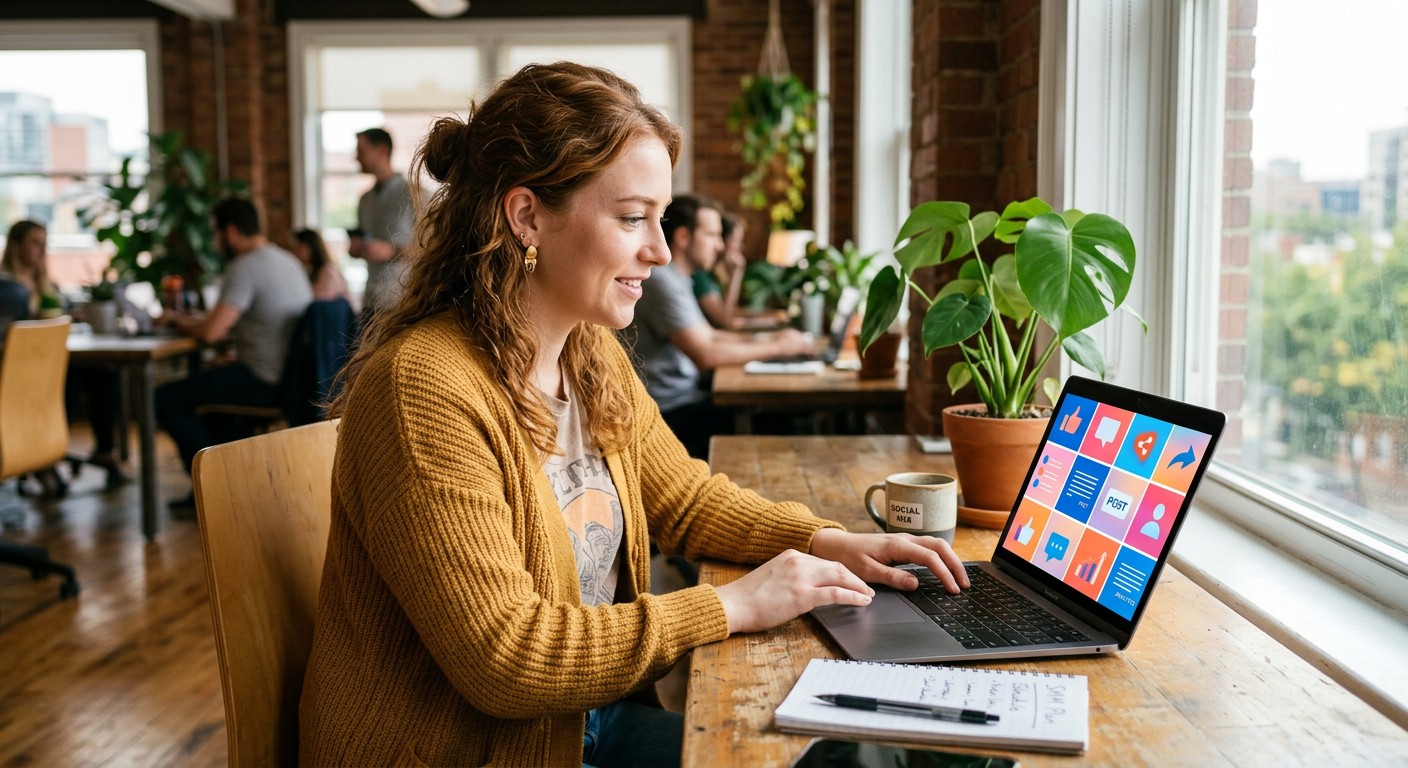 Девушка SMM-специалист работает за ноутбуком в коворкинге