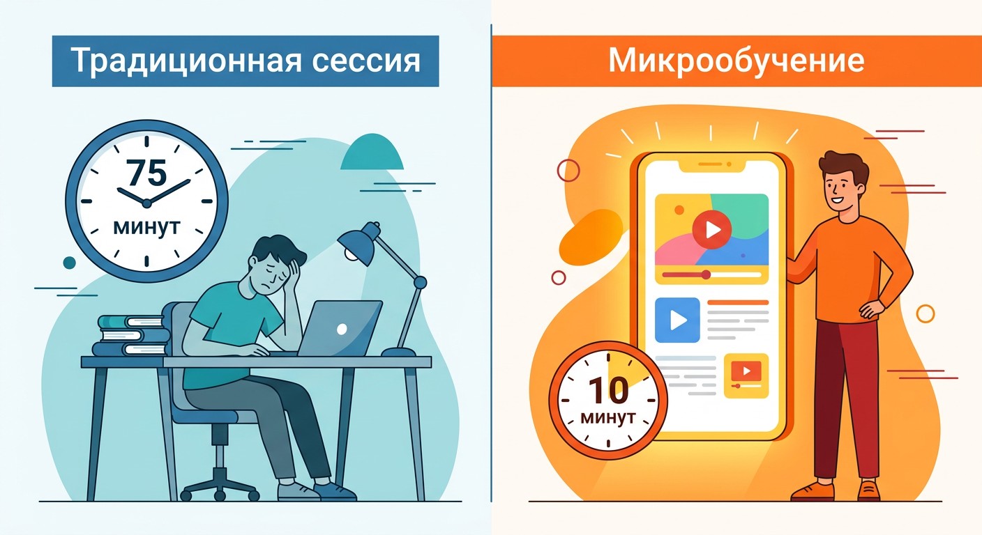 Сравнение традиционной сессии 60-90 минут и микрообучения 2-15 минут