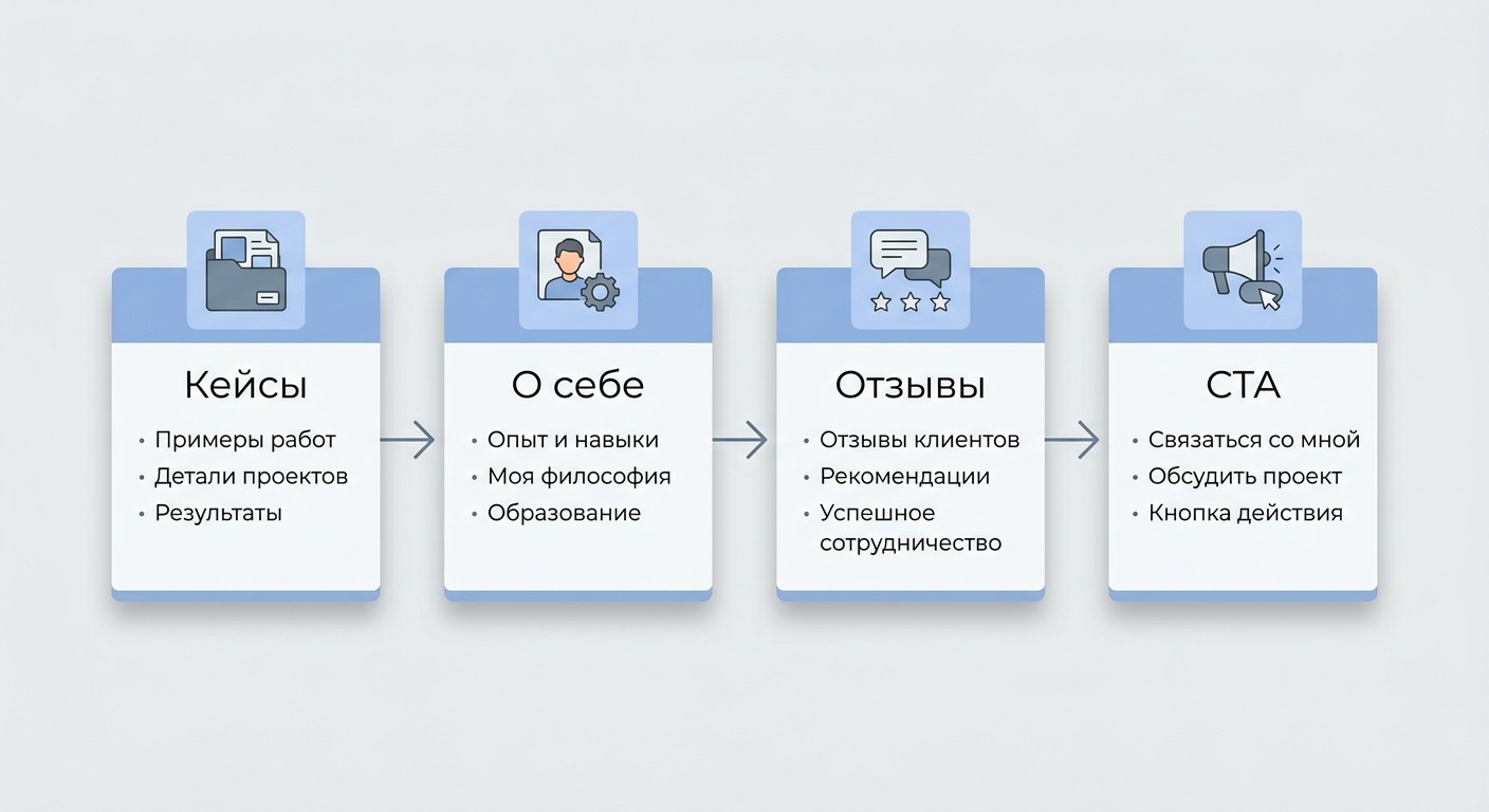 Структура портфолио дизайнера: кейсы, о себе, отзывы и CTA