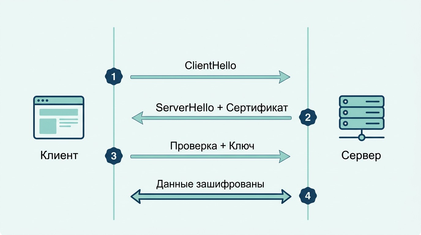 Схема TLS-рукопожатия: 4 шага установки защищённого соединения между клиентом и сервером