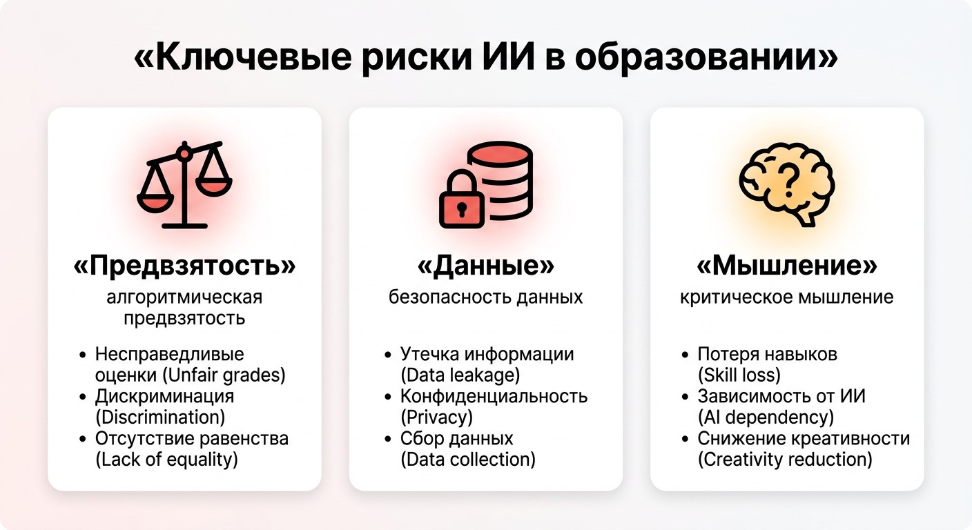 Инфографика три ключевых риска нейросетей в образовании