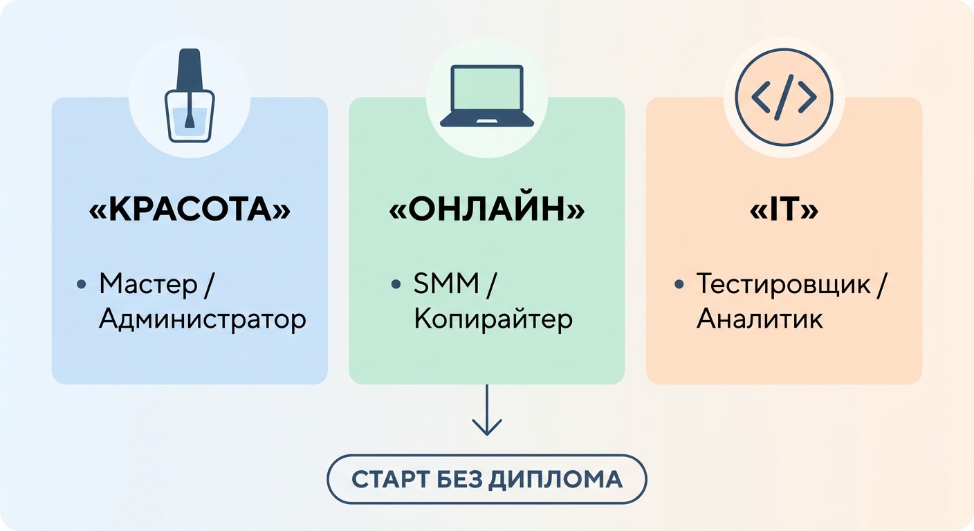 Инфографика три пути без диплома — красота, онлайн, IT