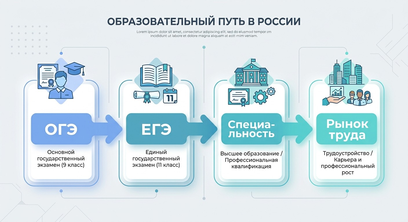Инфографика: путь от ОГЭ и ЕГЭ к специальности и рынку труда