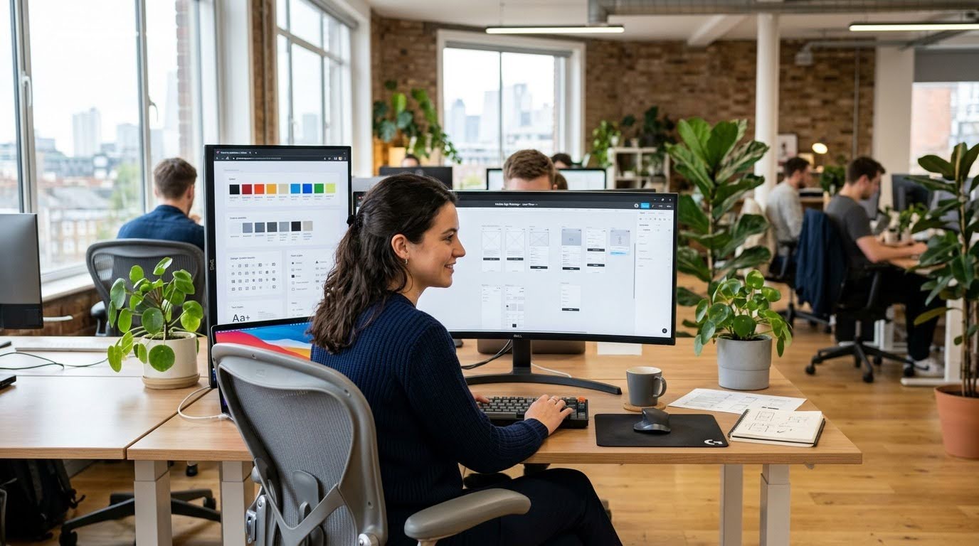 UX/UI-дизайнер работает в Figma за профессиональным рабочим местом