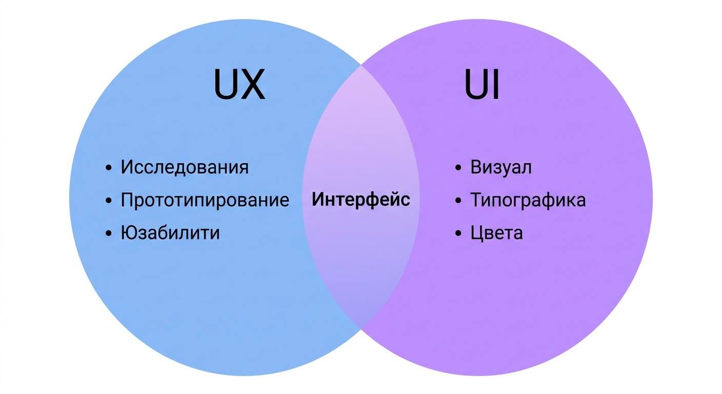 Схема различий UX и UI дизайна — два пересекающихся круга с атрибутами