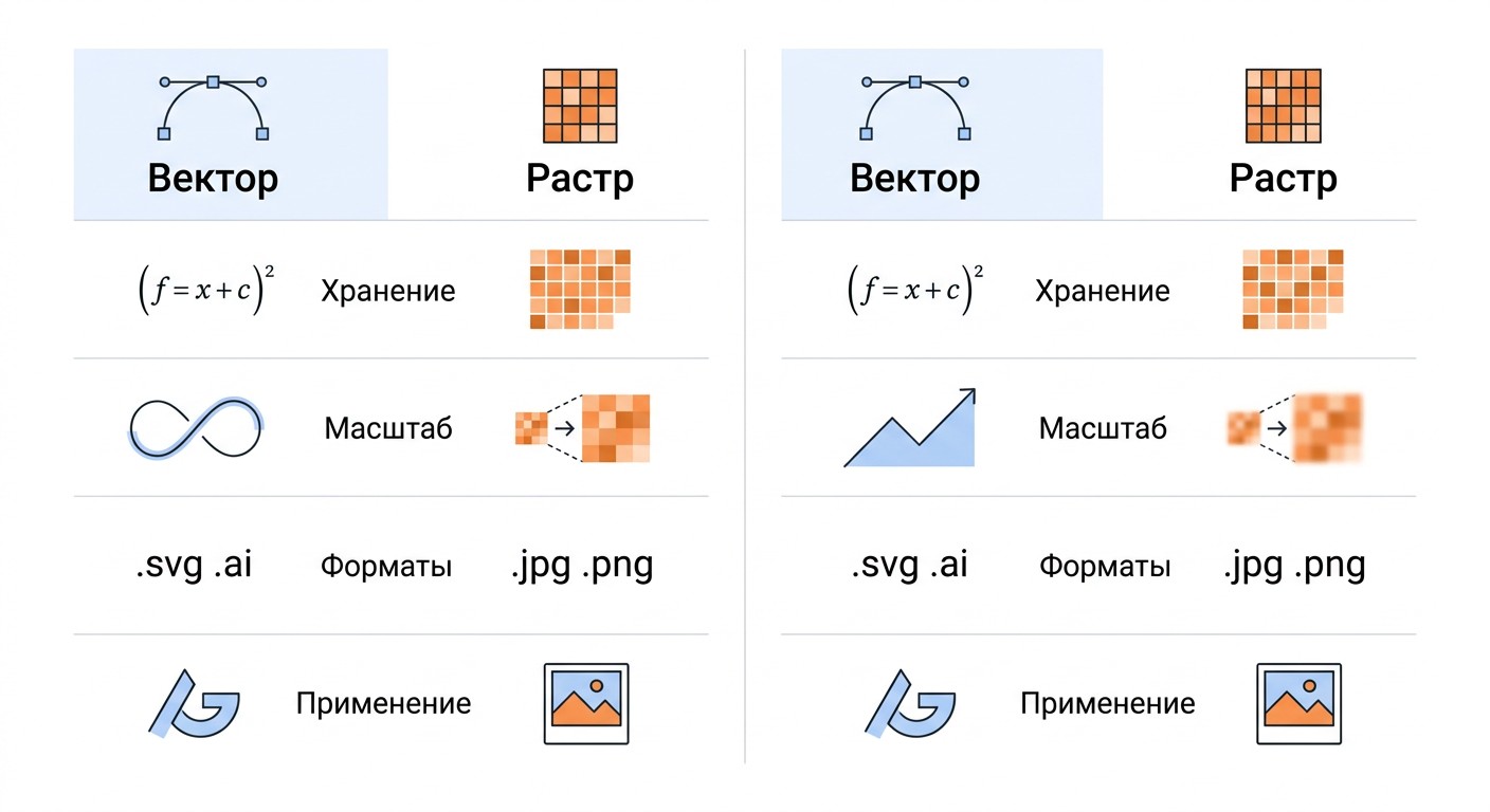 Инфографика сравнения векторной и растровой графики — масштаб, форматы, применение