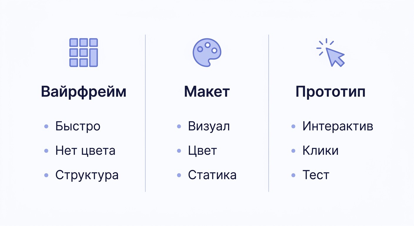 Сравнение вайрфрейма, макета и прототипа в Figma по ключевым характеристикам