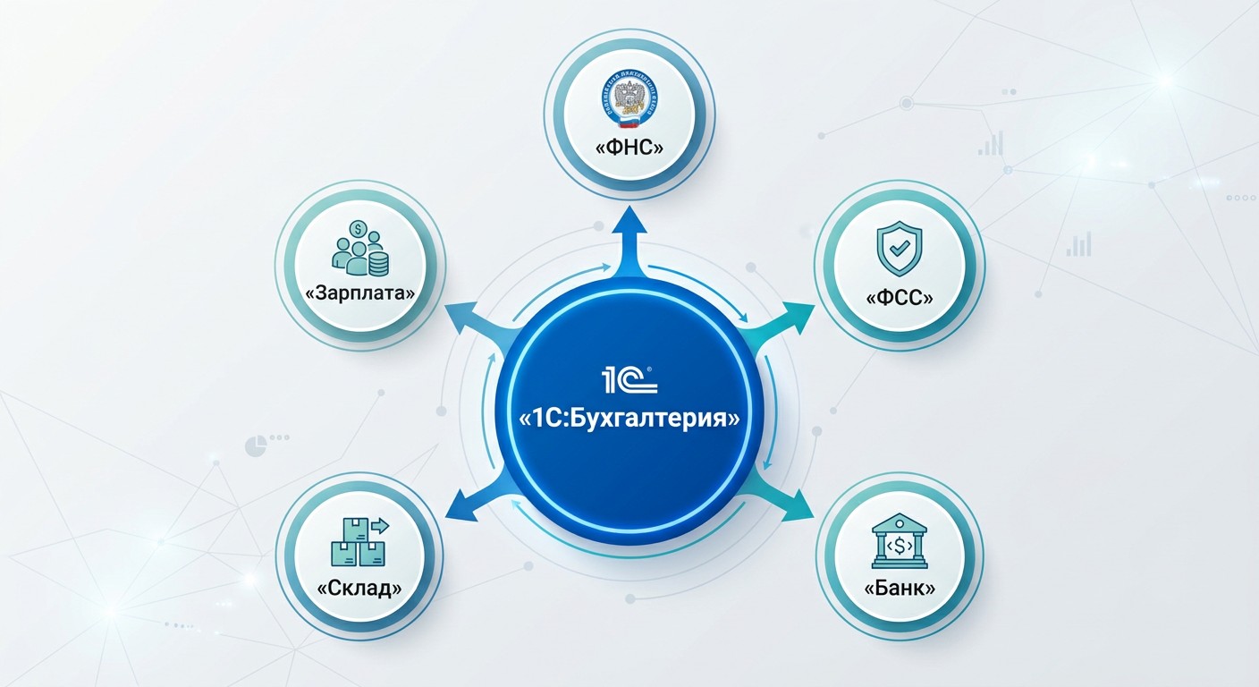 Схема экосистемы 1С:Бухгалтерия — связи с ФНС, банком и складом