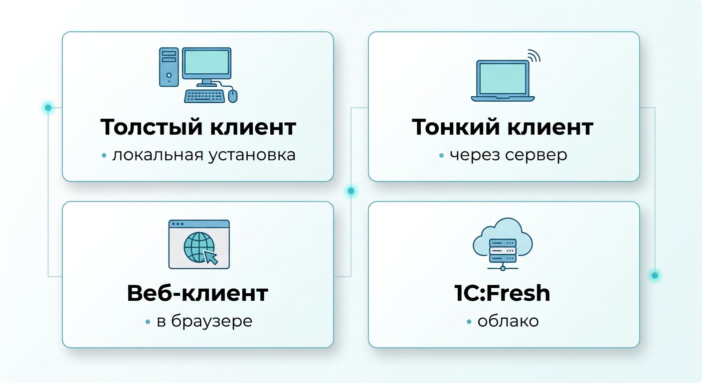 Схема клиентской архитектуры 1С: толстый, тонкий, веб-клиент и Fresh