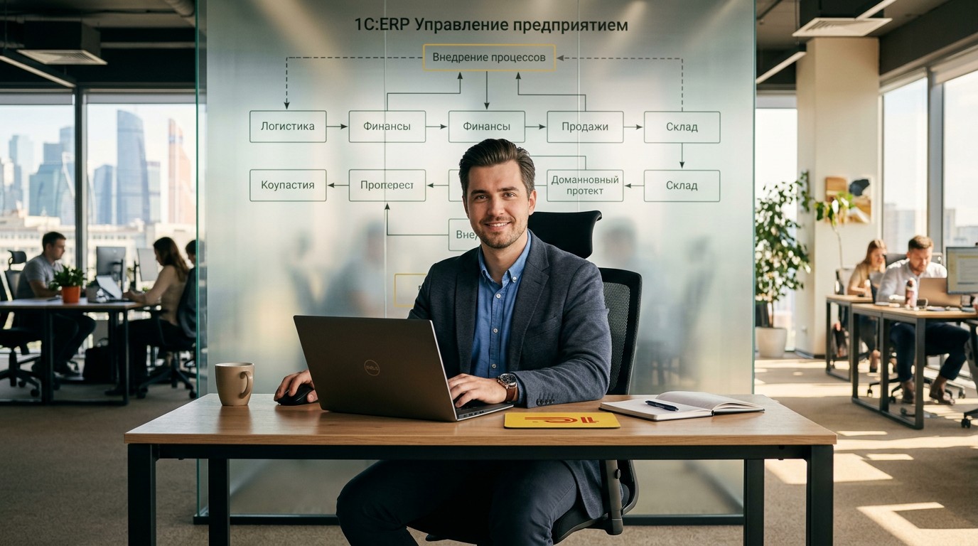 1С-консультант за ноутбуком на фоне схемы бизнес-процессов