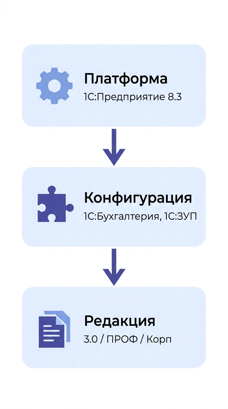 Схема иерархии 1С:Предприятие — платформа, конфигурация, редакция