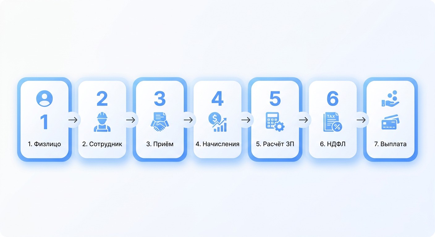 Семь шагов приёма сотрудника в 1С:ЗУП — пошаговая инфографика