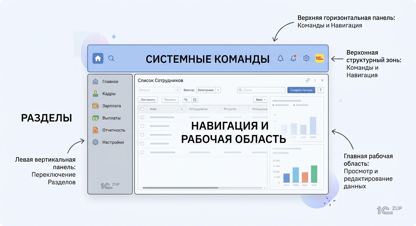 Структура интерфейса 1С:ЗУП — области команд, разделов и навигации