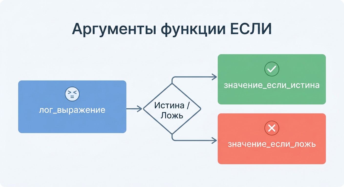 Схема трёх аргументов функции ЕСЛИ в Excel с пояснениями