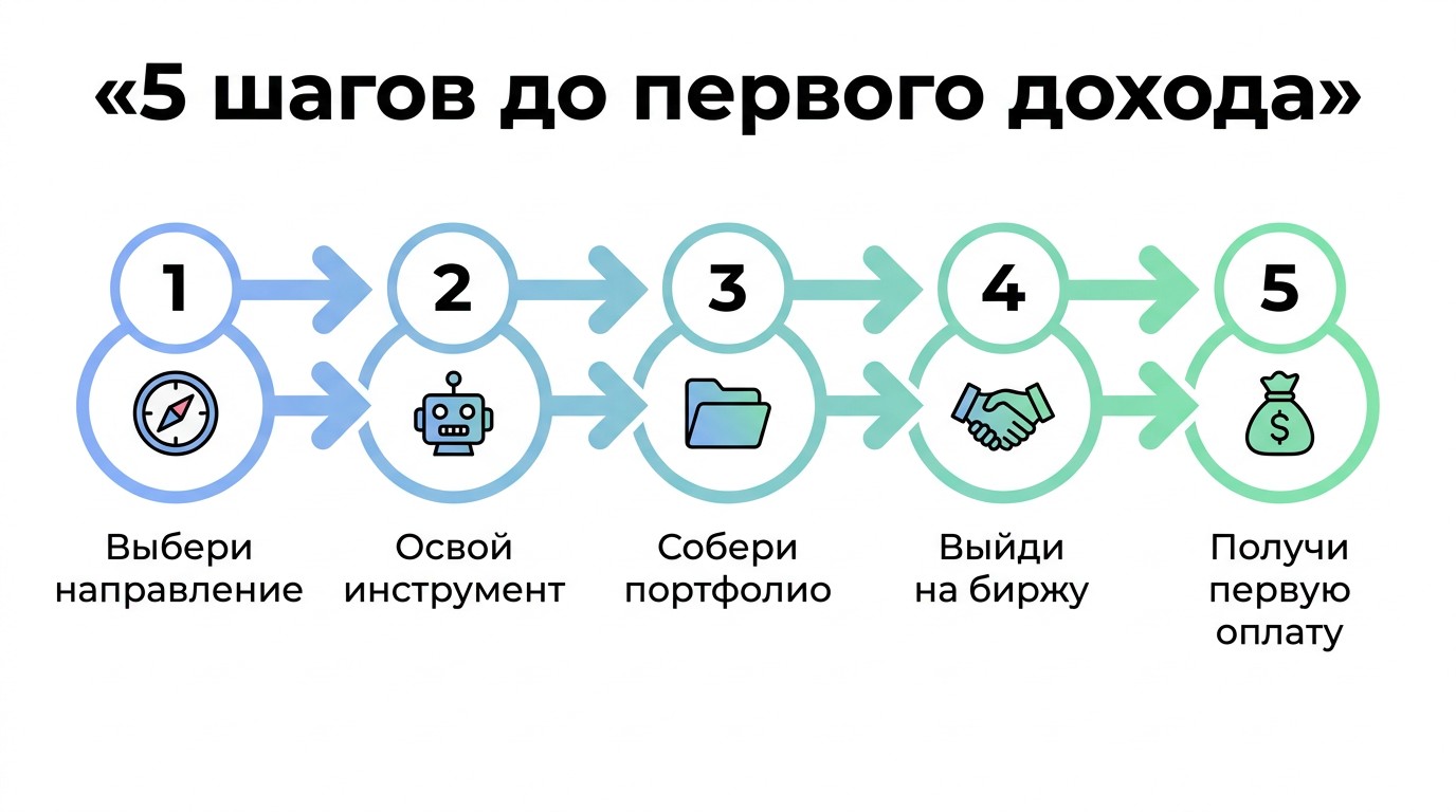 Пошаговая инфографика — 5 шагов с нуля до первого дохода на нейросетях