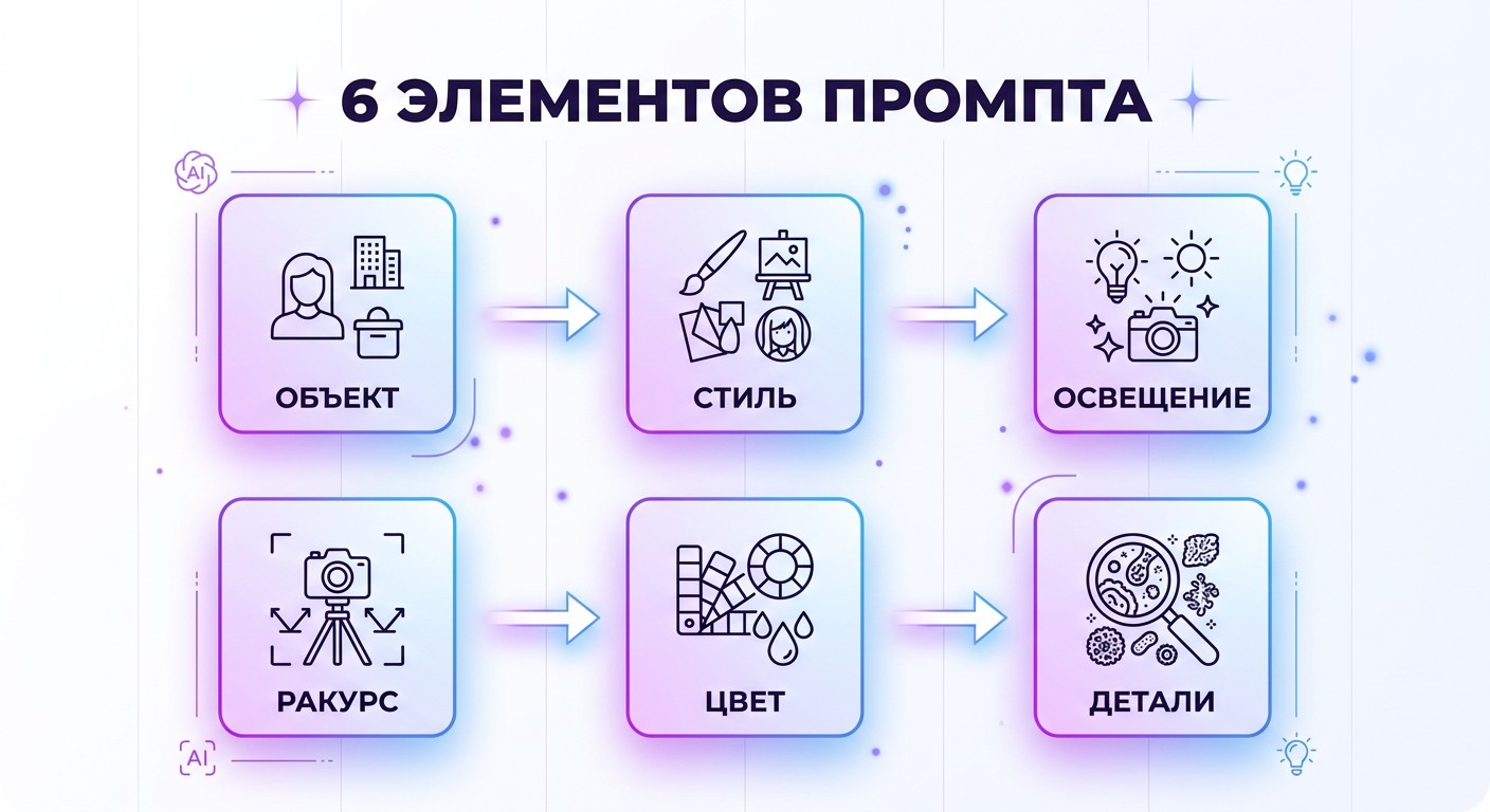 Инфографика шесть элементов промпта для генерации изображений DALL·E