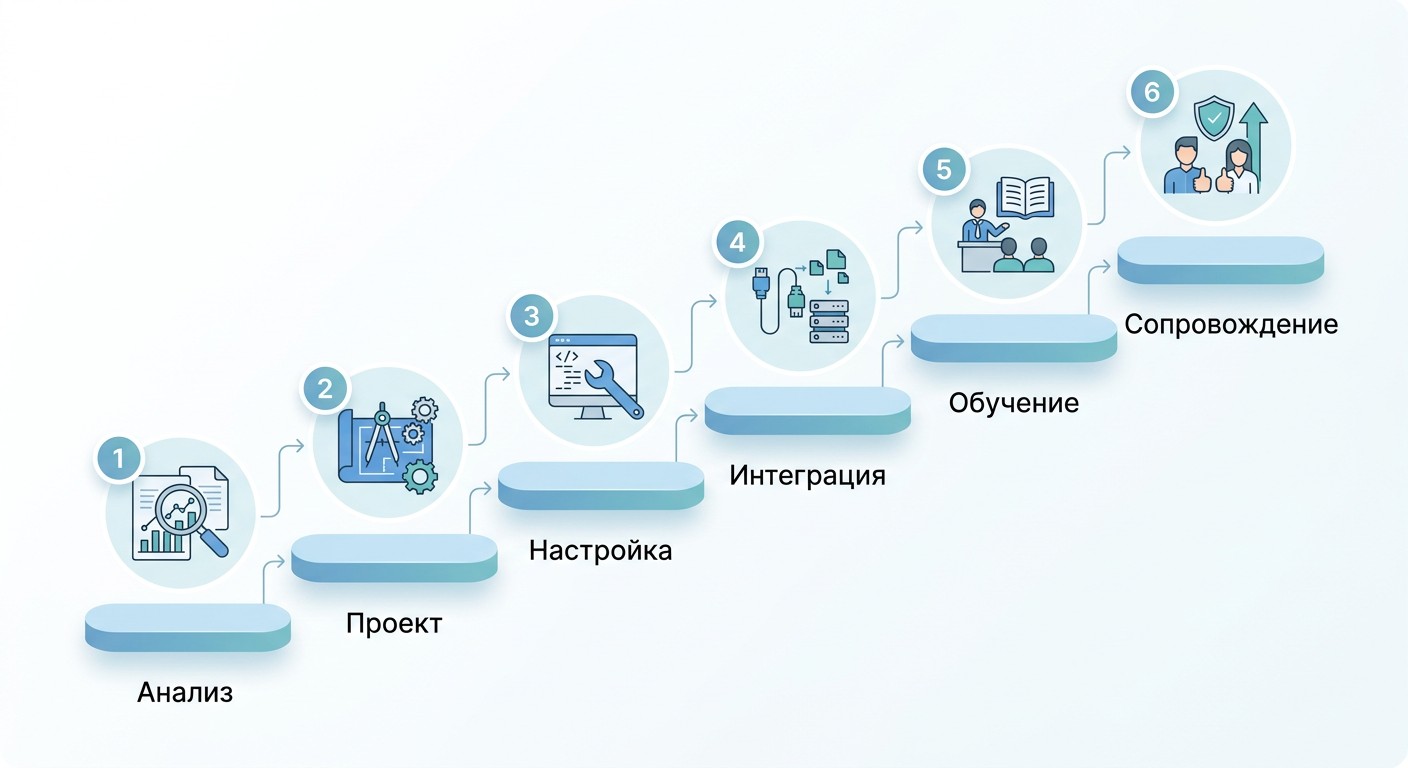 Шесть этапов работы внедренца 1С — схема-лесенка процесса