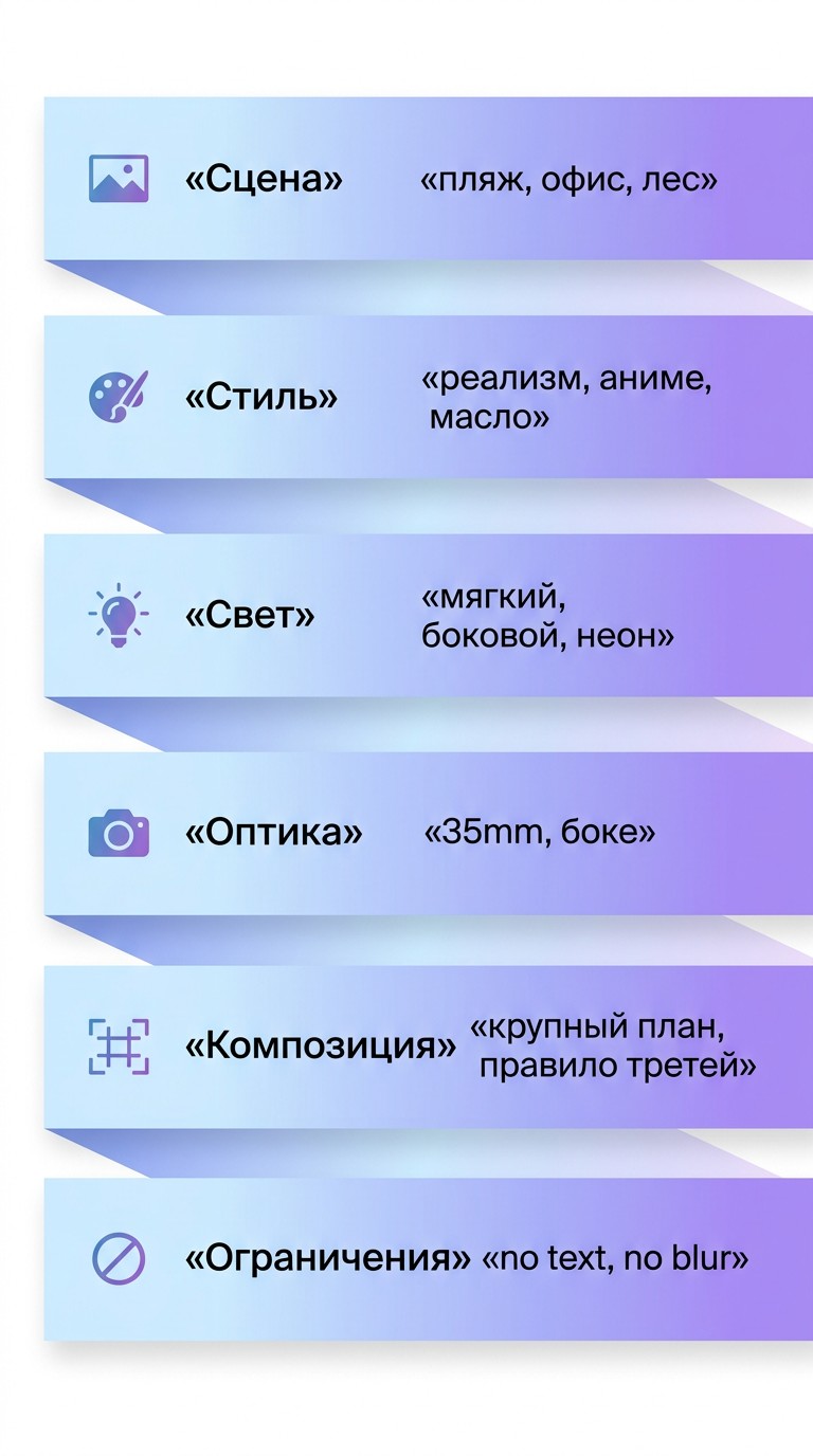 Инфографика: 6 слоёв сильного промпта для нейросети с примерами слов