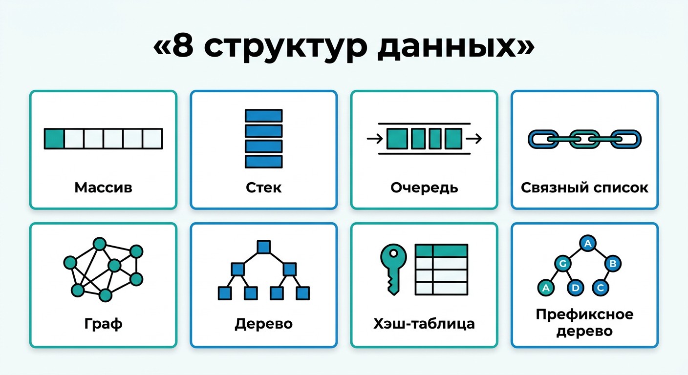 8 базовых структур данных — шпаргалка с иконками и названиями